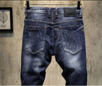 Destroyed Ripped Ankle-Length Tapered Jeans - Dark Blue