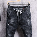 Skinny Destroyed Tapered Jeans w/ Drawstring - Dark Grey