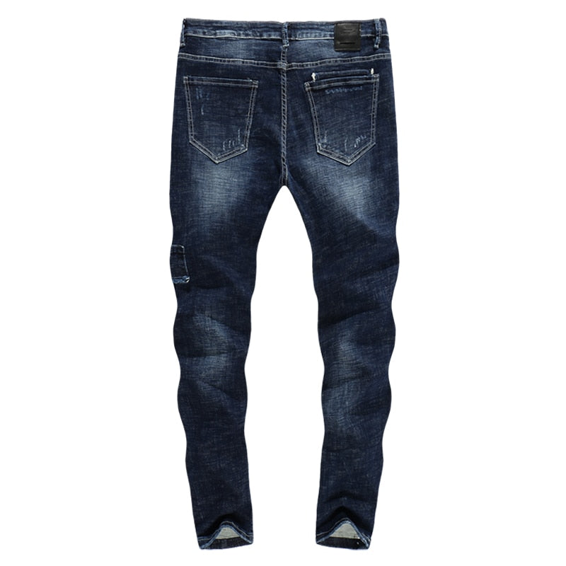 Distressed Ripped Patchwork Skinny Tapered Jeans - Blue