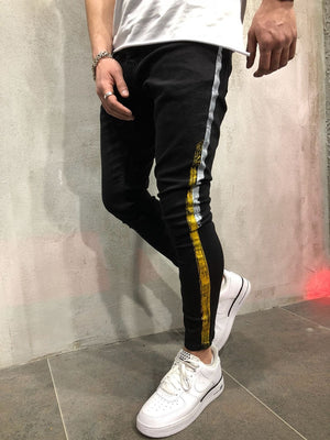 Black Skinny Side Stripe Paint Print Jeans