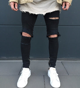 Black Skinny Ripped Ankle Zipper Jeans