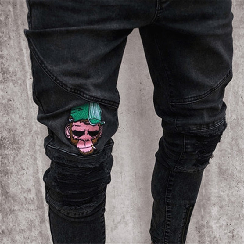 Black Embroidered Skinny Ankle Zipper Jeans