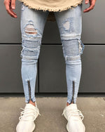 Premium Light Blue Destroyed Ripped Ankle Zipper Jeans